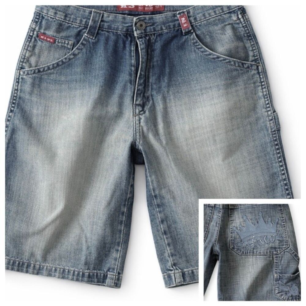 JNCO Y2K Denim Cargo Carpenter Shorts Crown Embroidered Streetwear Blue Men’s 30